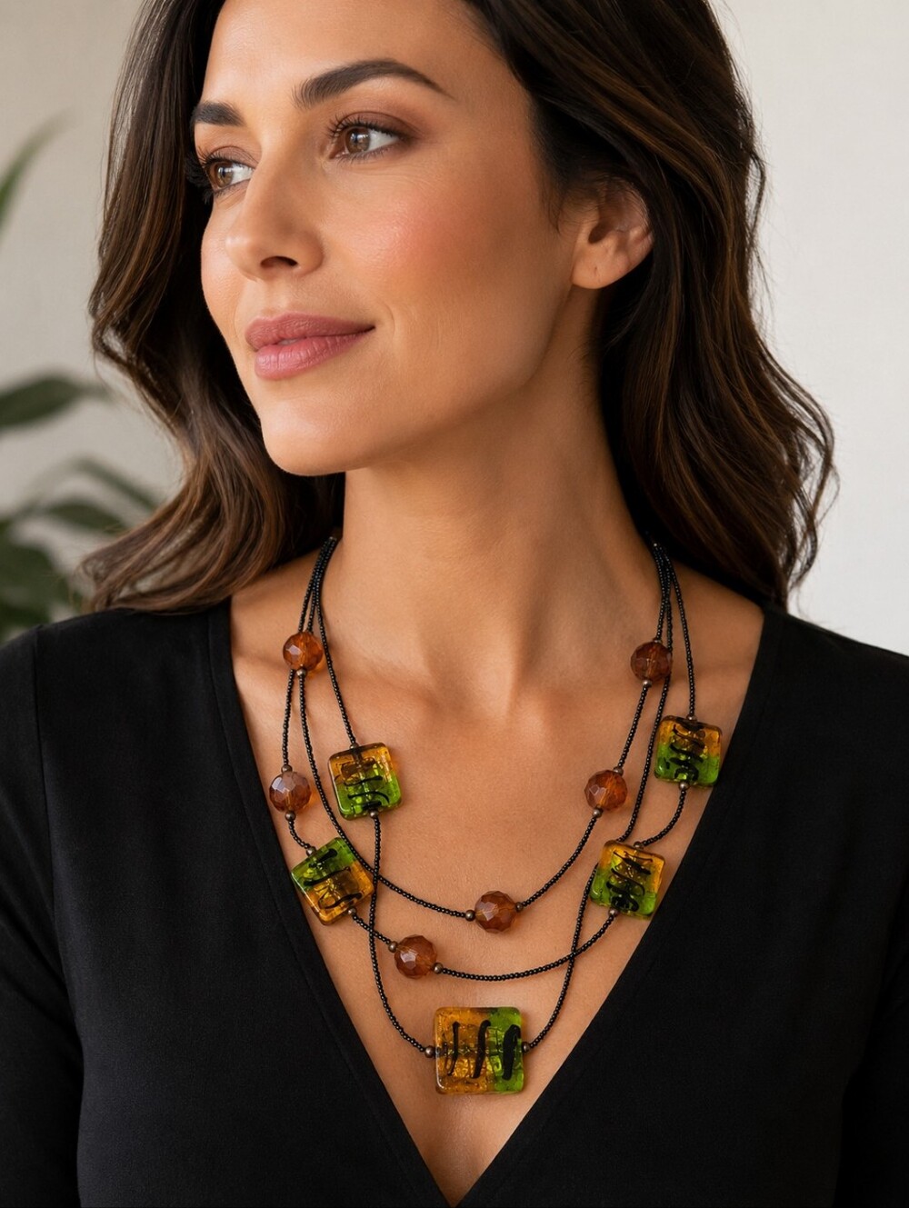 Chico's Multi Strand Art Glass Necklace Green Amber Gunmetal Statement